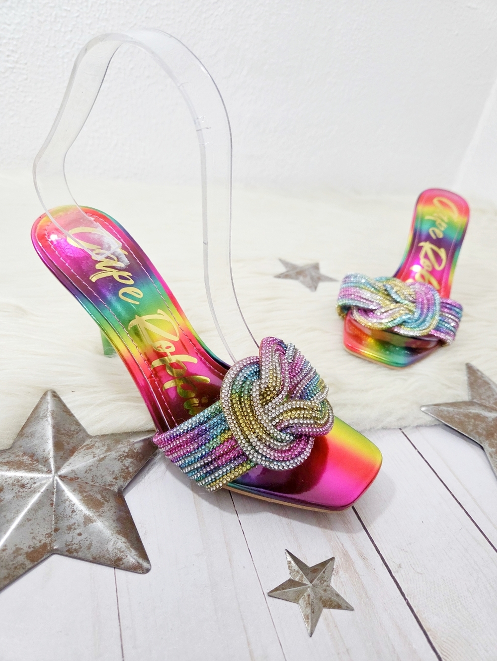 Cape Robbin Flynn rainbow rhinestone heels square toe stiletto women's size 7 - Picture 2 of 8